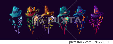 Witch hats, wands and staffs cartoon vector set 94223690