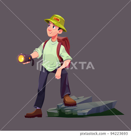 Traveler man with flashlight and backpack hiking 94223693
