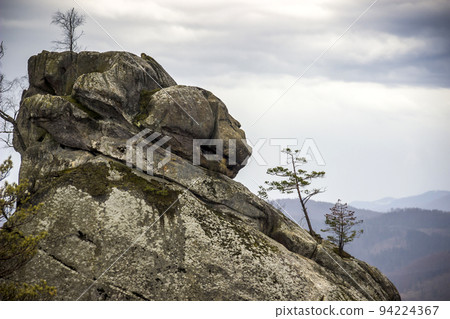 big stone head in the rocks of Dovbush in Ukrainian Carpathian 94224367