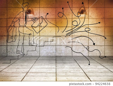 Drawn man climbing stairs in 3d room 94224638