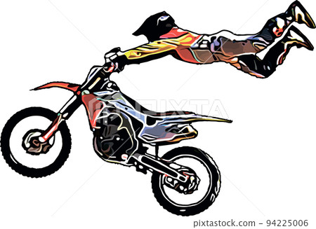 Color vector image of motorcyclist performing an extreme jump trick 94225006
