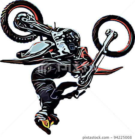 Color vector image of motorcyclist performing an extreme jump trick Color vector image of motorcyclist performing an extreme jump trick 94225008