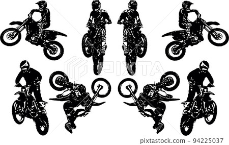 A set of black and white vector images of motorcyclists performing extreme stunts in the discipline of motofreestyle 94225037