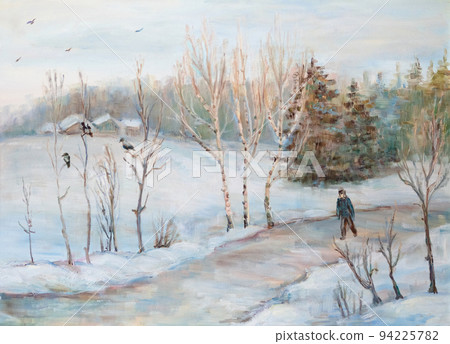 Winter landscape with man on road Winter landscape with man on road 94225782