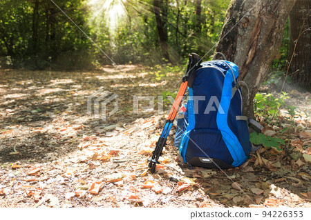 backpack and trekking poles backpack and trekking poles 94226353