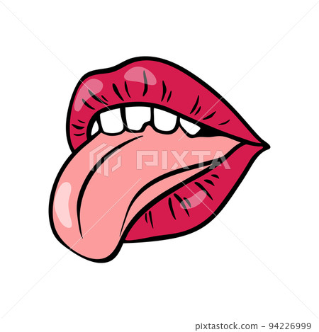 Bright red female lips in retro pop art style. An open mouth with protruding tongue and teeth. Vector illustration. 94226999