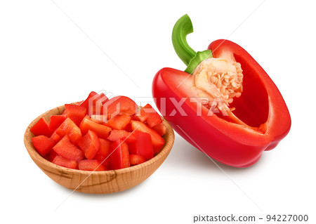 red sweet bell pepper in wooden bowl isolated on white background with full depth of field 94227000