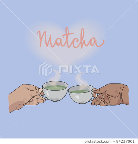 Matcha tea in white cups held by two hands. Hot drink with steam on a blue background in cartoon style. Heart-shaped steam. Match time. 94227001