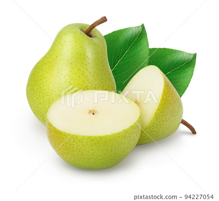 Green pear fruit with half isolated on white background with full depth of field Green pear fruit with half isolated on white background with full depth of field 94227054