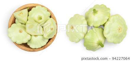 green pattypan squash in wooden bowl isolated on white background. Top view 94227064