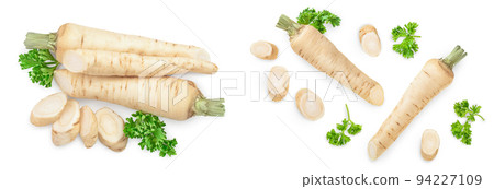 Parsley root with slices and leaves isolated on white background, Top view. Flat lay 94227109