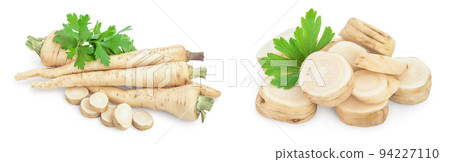 Parsley root with slices and leaves isolated on white background Parsley root with slices and leaves isolated on white background 94227110