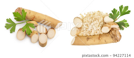 Horseradish root with slices and parsley isolated on white background. Top view. Flat lay Horseradish root with slices and parsley isolated on white background. Top view. Flat lay 94227114