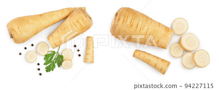 Parsnip root and slices with parsley peppercorns isolated on white background closeup. Top view. Flat lay Parsnip root and slices with parsley peppercorns isolated on white background closeup. Top view. Flat lay 94227115