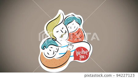 Image of illustration of we love you text, over smiling son and daughter hugging father, on grey Image of illustration of we love you text, over smiling son and daughter hugging father, on grey 94227123