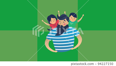Image of illustration of happy father playing with son and daughter on shoulders Image of illustration of happy father playing with son and daughter on shoulders 94227150