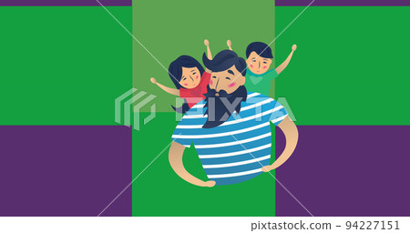 Image of illustration of happy father playing with son and daughter on shoulders 94227151