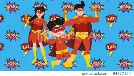 Image of illustration of happy superhero parents and son on blue background 94227164