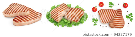 Tuna fish steak grilled isolated on white background with full depth of field, Top view. Flat lay. Set or collection Tuna fish steak grilled isolated on white background with full depth of field, Top view. Flat lay. Set or collection 94227179