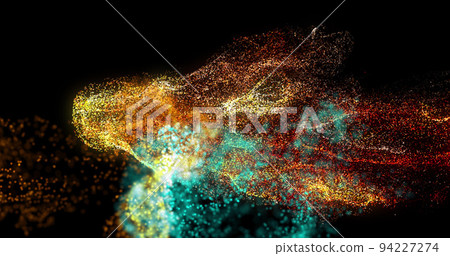 Image of orange, blue and red particles moving on black background Image of orange, blue and red particles moving on black background 94227274