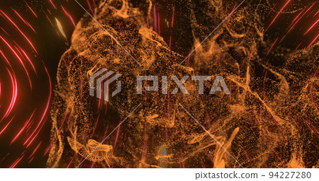 Image of orange and yellow particles moving with red and pink light streaks on black background Image of orange and yellow particles moving with red and pink light streaks on black background 94227280