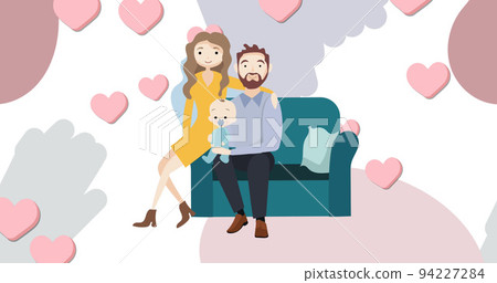 Image of illustration of happy parents sitting holding baby, with pink hearts on grey and white Image of illustration of happy parents sitting holding baby, with pink hearts on grey and white 94227284