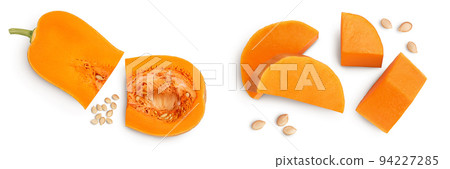 butternut squash piece isolated on white background. Top view. Flat lay butternut squash piece isolated on white background. Top view. Flat lay 94227285