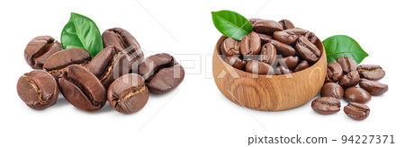 Heap of roasted coffee beans with leaves isolated on white background with full depth of field, Heap of roasted coffee beans with leaves isolated on white background with full depth of field, 94227371