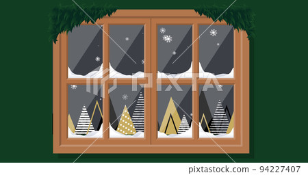 Image of christmas snow falling outside window at night 94227407