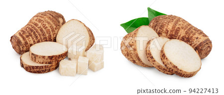fresh taro root with slices isolated on white background 94227413