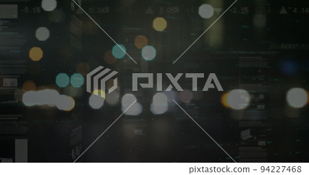 Image of statistics and financial data processing over out of focus city road lights 94227468