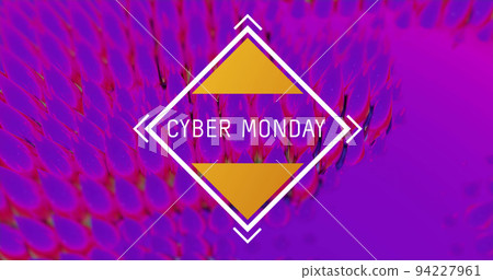 Image of cyber monday text in yellow diamond frame over rotating vibrant pink to green light tra Image of cyber monday text in yellow diamond frame over rotating vibrant pink to green light tra 94227961
