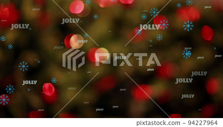 Image of jolly text in repetition at christmas over snow falling and light spots Image of jolly text in repetition at christmas over snow falling and light spots 94227964