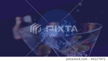 Image of party text in blue over cocktail with olives Image of party text in blue over cocktail with olives 94227972