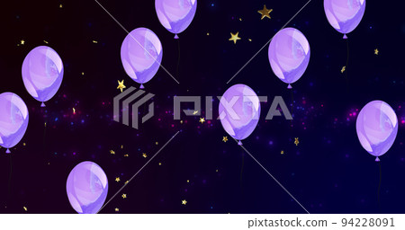 Image of stars floating over balloons on black background Image of stars floating over balloons on black background 94228091