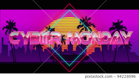 Image of cyber monday text over a car riding on digital sunset Image of cyber monday text over a car riding on digital sunset 94228096