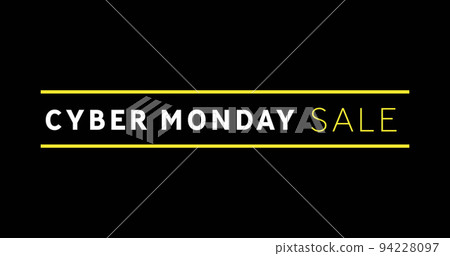 White and yellow Cyber Monday Sale text appearing against a black screen White and yellow Cyber Monday Sale text appearing against a black screen 94228097