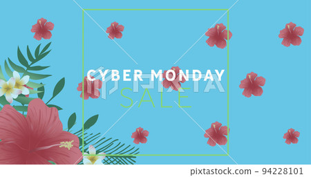 Image of cyber monday sale text in green frame over red flowers on blue background Image of cyber monday sale text in green frame over red flowers on blue background 94228101