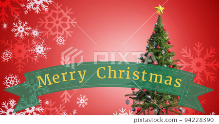 Image of merry christmas text over christmas tree and snow falling 94228390