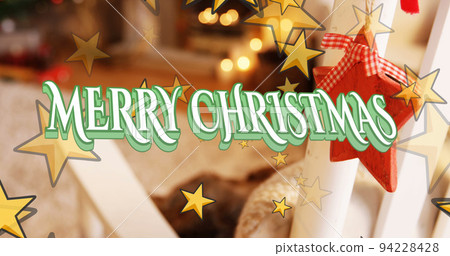 Image of hohoho merry christmas text with falling gold stars over room with decorations Image of hohoho merry christmas text with falling gold stars over room with decorations 94228428