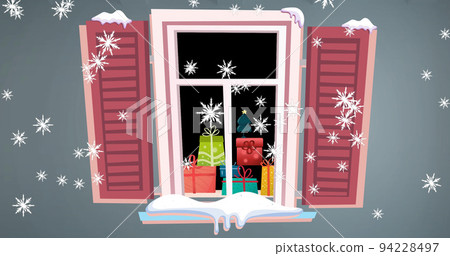 Image of snow falling over christmas presents seen through window Image of snow falling over christmas presents seen through window 94228497