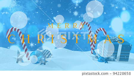 Image of seasons greetings over snow and christmas decorations 94228658
