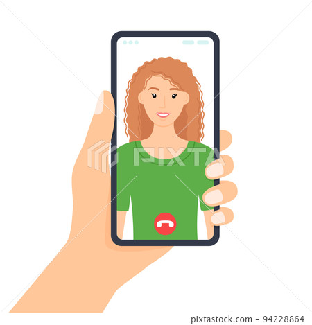 Hand holding phone. Smartphone screen with beautiful girl. Video call, vector illustration 94228864