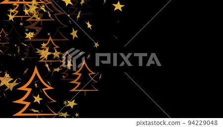 Image of stars falling over fir trees on black background at christmas 94229048