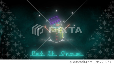 Image of let it snow text at christmas over snowman and winter scenery 94229265