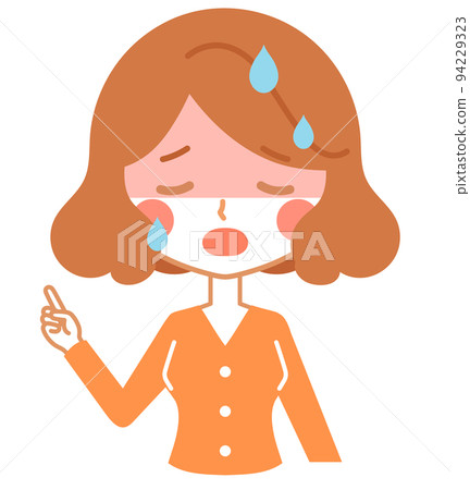 Upper body of a pointing female character-red and sweating 94229323
