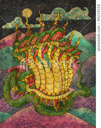 Colorful fantasy textured illustration with Thailand demon and mythology creature against landscape with mountains Colorful fantasy textured illustration with Thailand demon and mythology creature against landscape with mountains 94229328