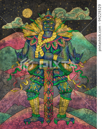 Colorful fantasy textured illustration with Thailand demon and mythology creature against landscape with mountains Colorful fantasy textured illustration with Thailand demon and mythology creature against landscape with mountains 94229329