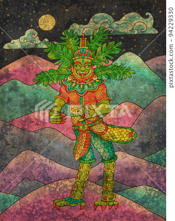 Colorful fantasy textured illustration with Thailand demon and mythology creature against landscape with mountains Colorful fantasy textured illustration with Thailand demon and mythology creature against landscape with mountains 94229330