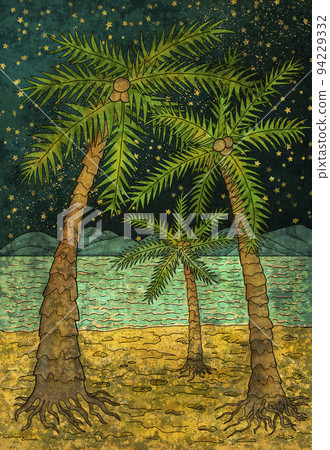 Colorful background illustration with beautiful tropical palms, seashore and sea with waves at starry night with texture, vertical card or poster, travel and adventure concept Colorful background illustration with beautiful tropical palms, seashore and sea with waves at starry night with texture, vertical card or poster, travel and adventure concept 94229332